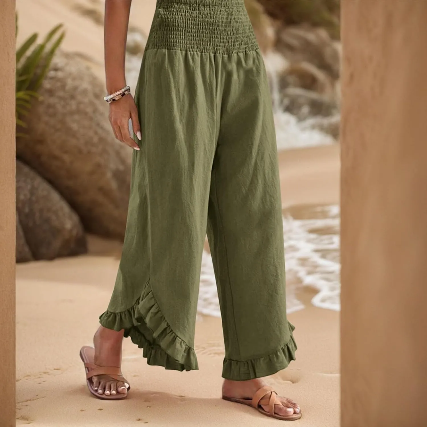 GOFULY Womens Wide Leg Pants Cotton Linen Vacation Summer Elastic Waist Pants High Waisted 2025 Pockets Cropped Solid Trouser