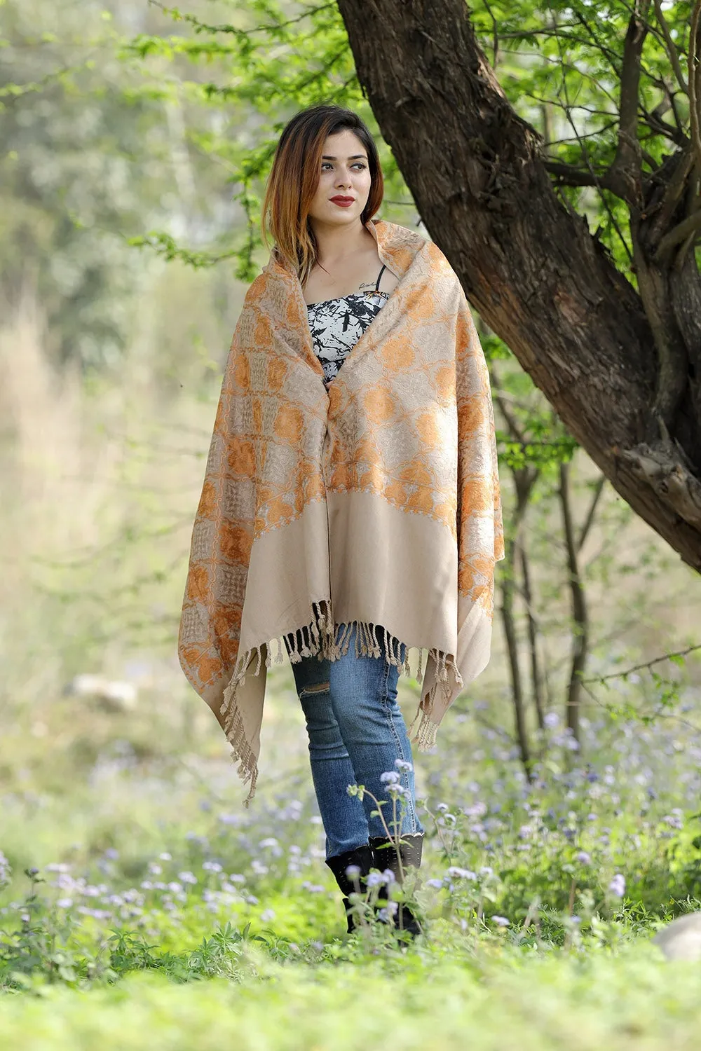GORGIOUS ACCRUE BEIGE Black Colour Stole With Graceful Dense Jaal Pattern Of Kashmiri Embroidery Makes It An Ideal Wear.