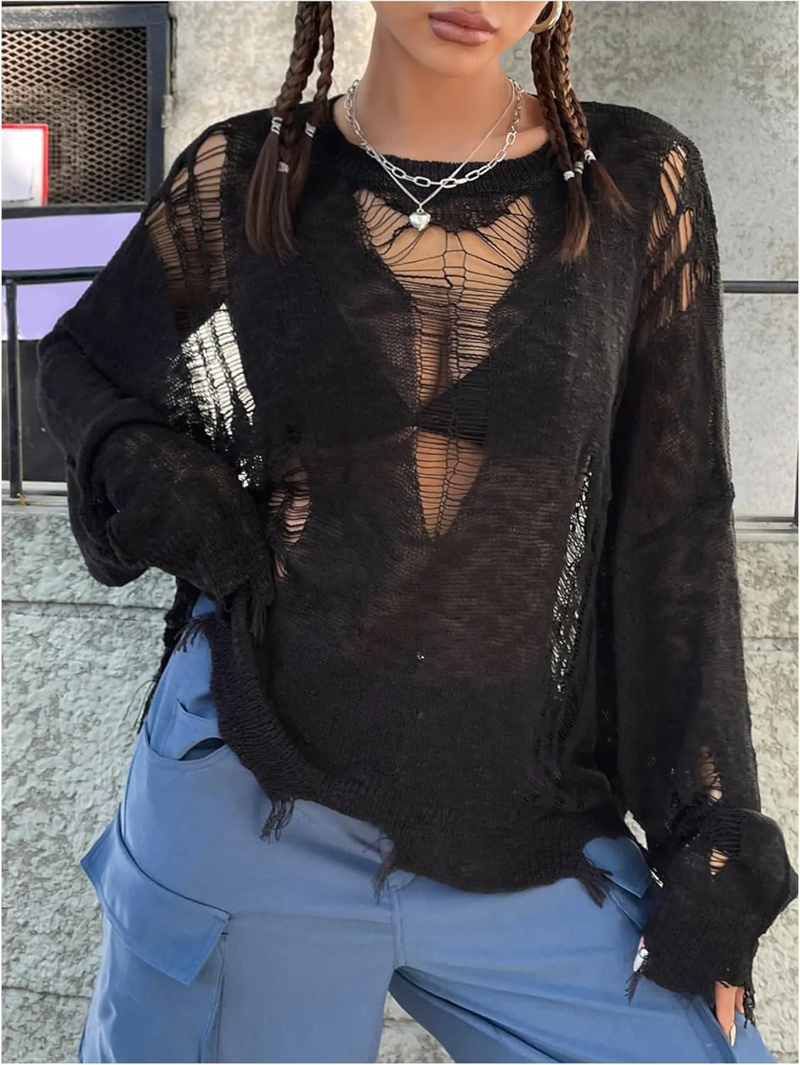 GORGLITTER Women's Distressed Sweater Hollow Out Ripped Long Sleeve Round Neck Oversized Pullover Sweaters