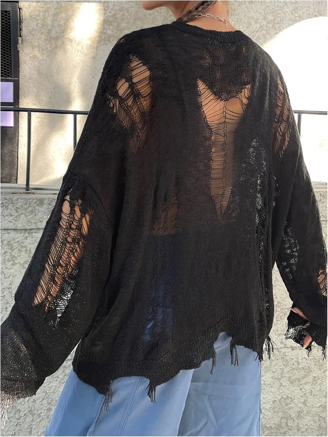 GORGLITTER Women's Distressed Sweater Hollow Out Ripped Long Sleeve Round Neck Oversized Pullover Sweaters
