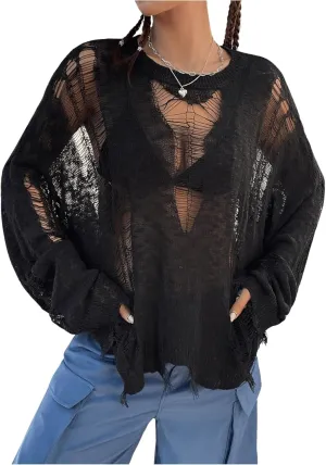 GORGLITTER Women's Distressed Sweater Hollow Out Ripped Long Sleeve Round Neck Oversized Pullover Sweaters