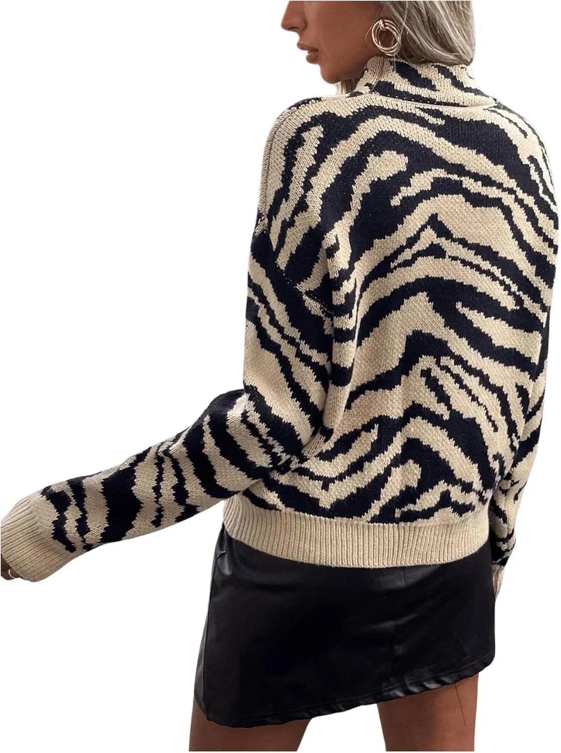 GORGLITTER Women's Tiger Graphic Sweaters Mock Neck Long Sleeve Knitted Pullover Trendy Fall Fahion 2024