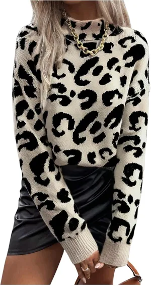 GORGLITTER Women's Tiger Graphic Sweaters Mock Neck Long Sleeve Knitted Pullover Trendy Fall Fahion 2024