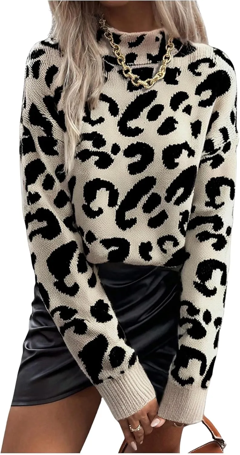 GORGLITTER Women's Tiger Graphic Sweaters Mock Neck Long Sleeve Knitted Pullover Trendy Fall Fahion 2024