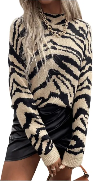 GORGLITTER Women's Tiger Graphic Sweaters Mock Neck Long Sleeve Knitted Pullover Trendy Fall Fahion 2024