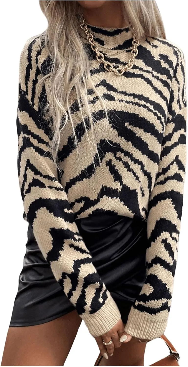 GORGLITTER Women's Tiger Graphic Sweaters Mock Neck Long Sleeve Knitted Pullover Trendy Fall Fahion 2024