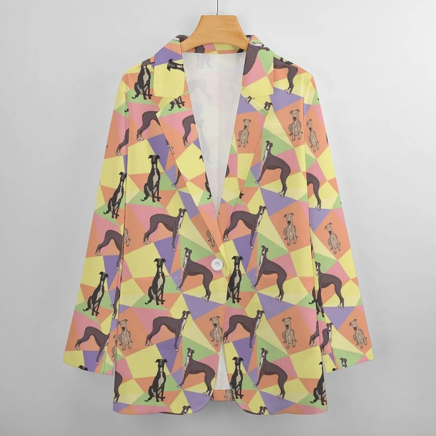 Greyhound Dog on A Mosaic Geometric Women's Casual Printed Blazer Cardigan Long Sleeve Jacket Blazer