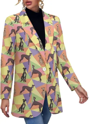 Greyhound Dog on A Mosaic Geometric Women's Casual Printed Blazer Cardigan Long Sleeve Jacket Blazer