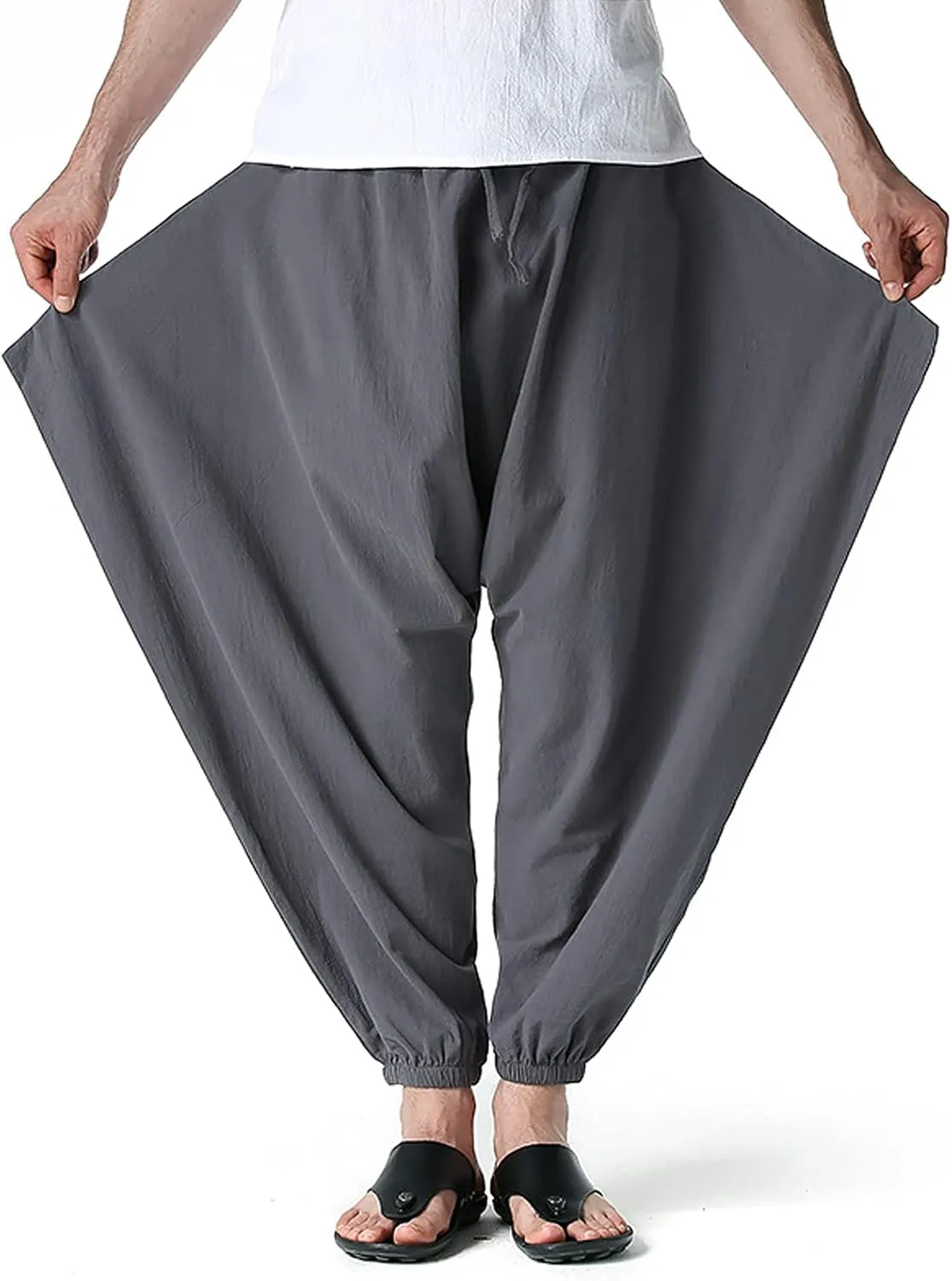 GTHTTT Men's Loose Stretchy Waist Casual Ankle Length Relaxed Fit Pants Wide Leg Trousers Drawstring Harem Yoga Baggy Pants
