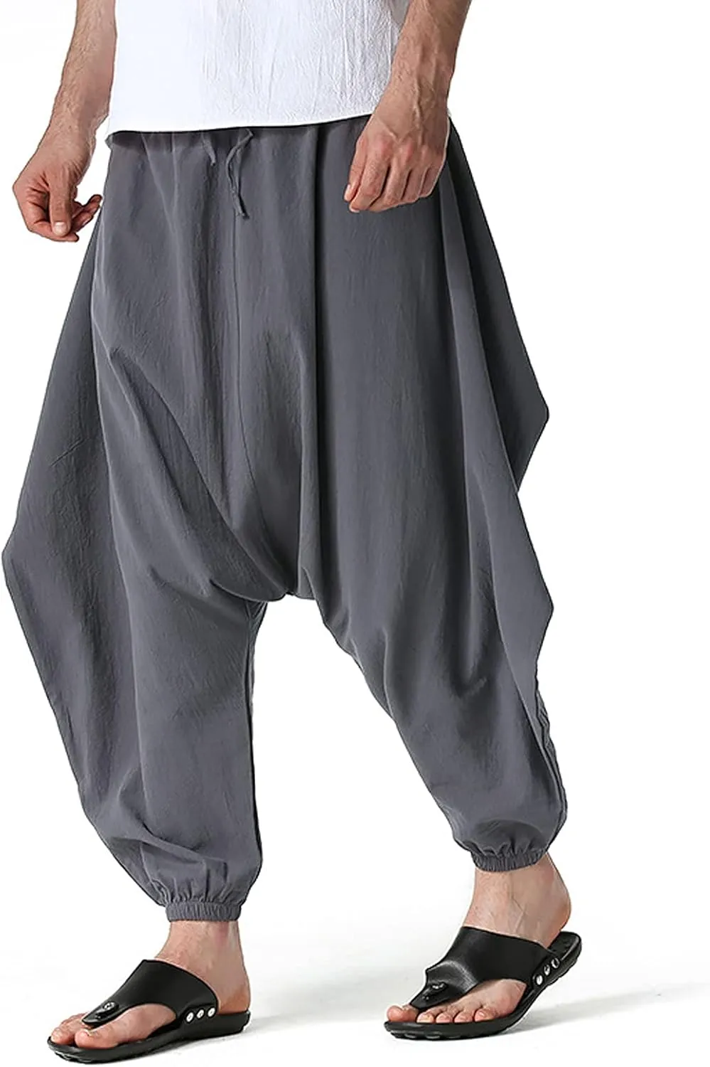 GTHTTT Men's Loose Stretchy Waist Casual Ankle Length Relaxed Fit Pants Wide Leg Trousers Drawstring Harem Yoga Baggy Pants