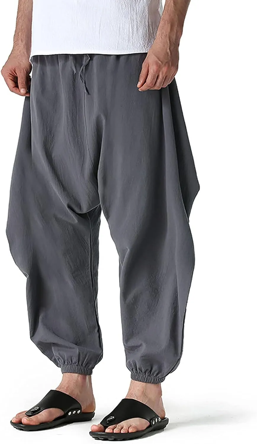 GTHTTT Men's Loose Stretchy Waist Casual Ankle Length Relaxed Fit Pants Wide Leg Trousers Drawstring Harem Yoga Baggy Pants