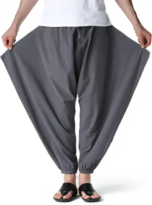 GTHTTT Men's Loose Stretchy Waist Casual Ankle Length Relaxed Fit Pants Wide Leg Trousers Drawstring Harem Yoga Baggy Pants