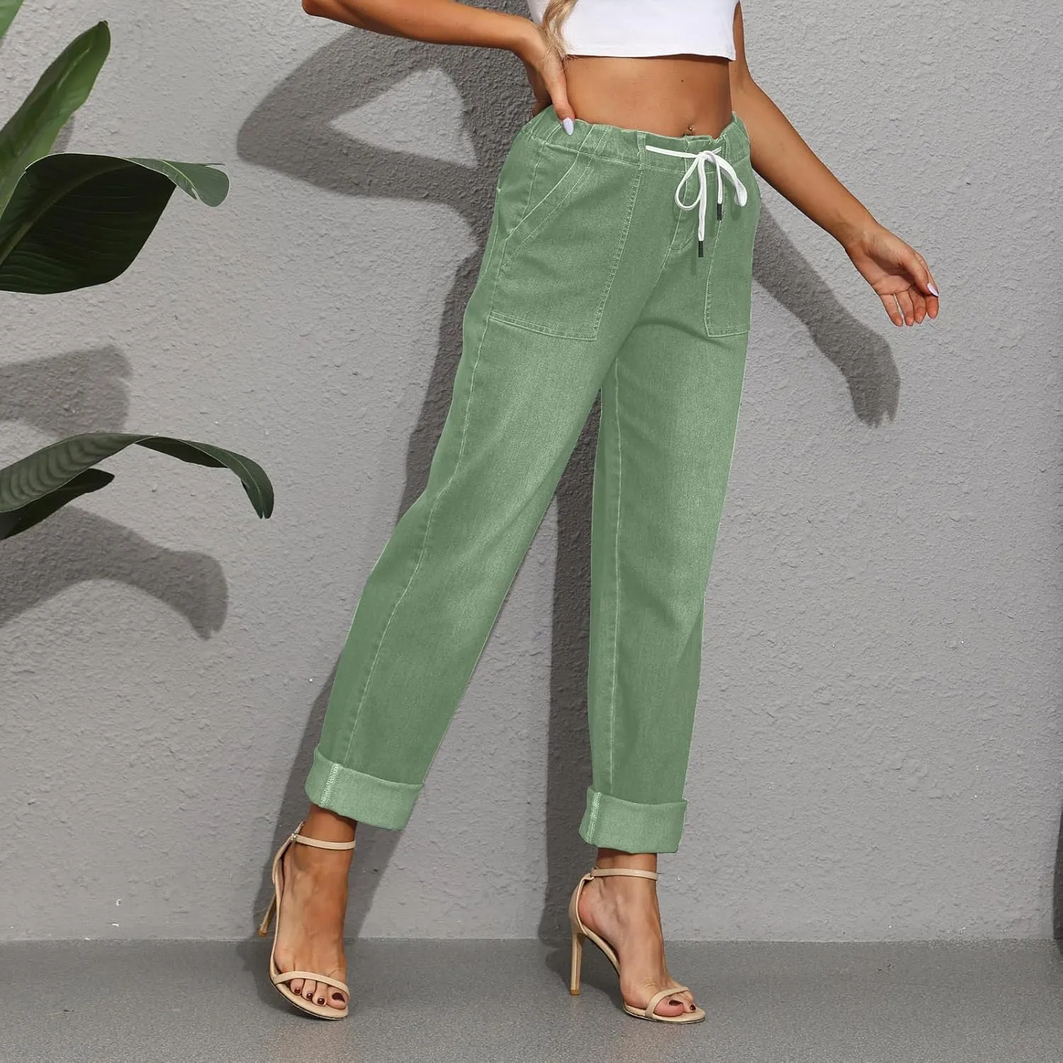 Gumipy Women's Pull On Denim Joggers Elastic Waist Stretch Drawstring Jeans with Pocket Casual Baggy Cropped Jeans