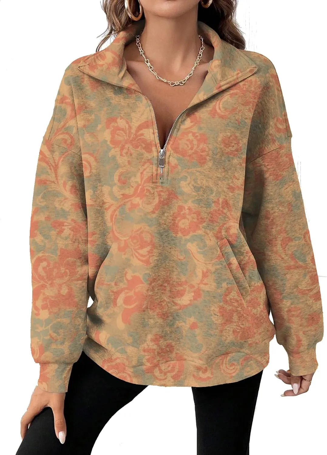 Half Zip Pullover Sweatshirt for Women Floral Oversized Outfits Long Sleeve Casual Fall Shirts with Pockets