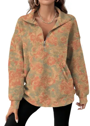Half Zip Pullover Sweatshirt for Women Floral Oversized Outfits Long Sleeve Casual Fall Shirts with Pockets