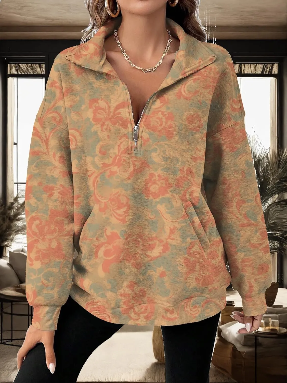 Half Zip Pullover Sweatshirt for Women Floral Oversized Outfits Long Sleeve Casual Fall Shirts with Pockets