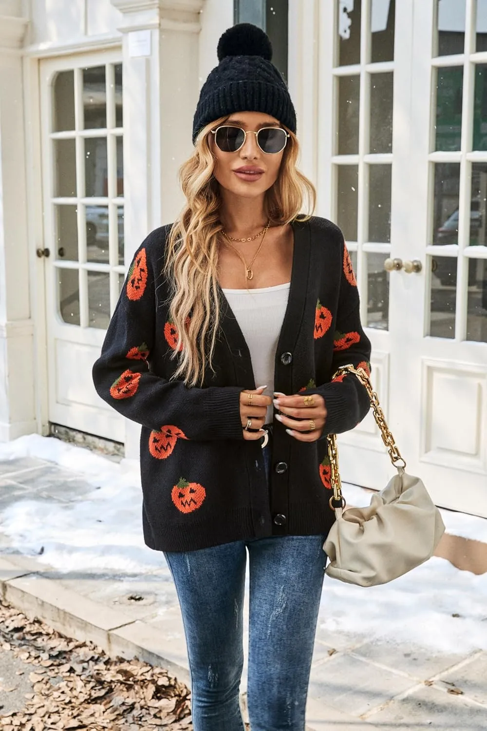 Halloween Cardigan Sweaters for Women, Pumpkin 2024 Trendy Fall Outfits, V Neck Open Front Knitted, Black S-XL