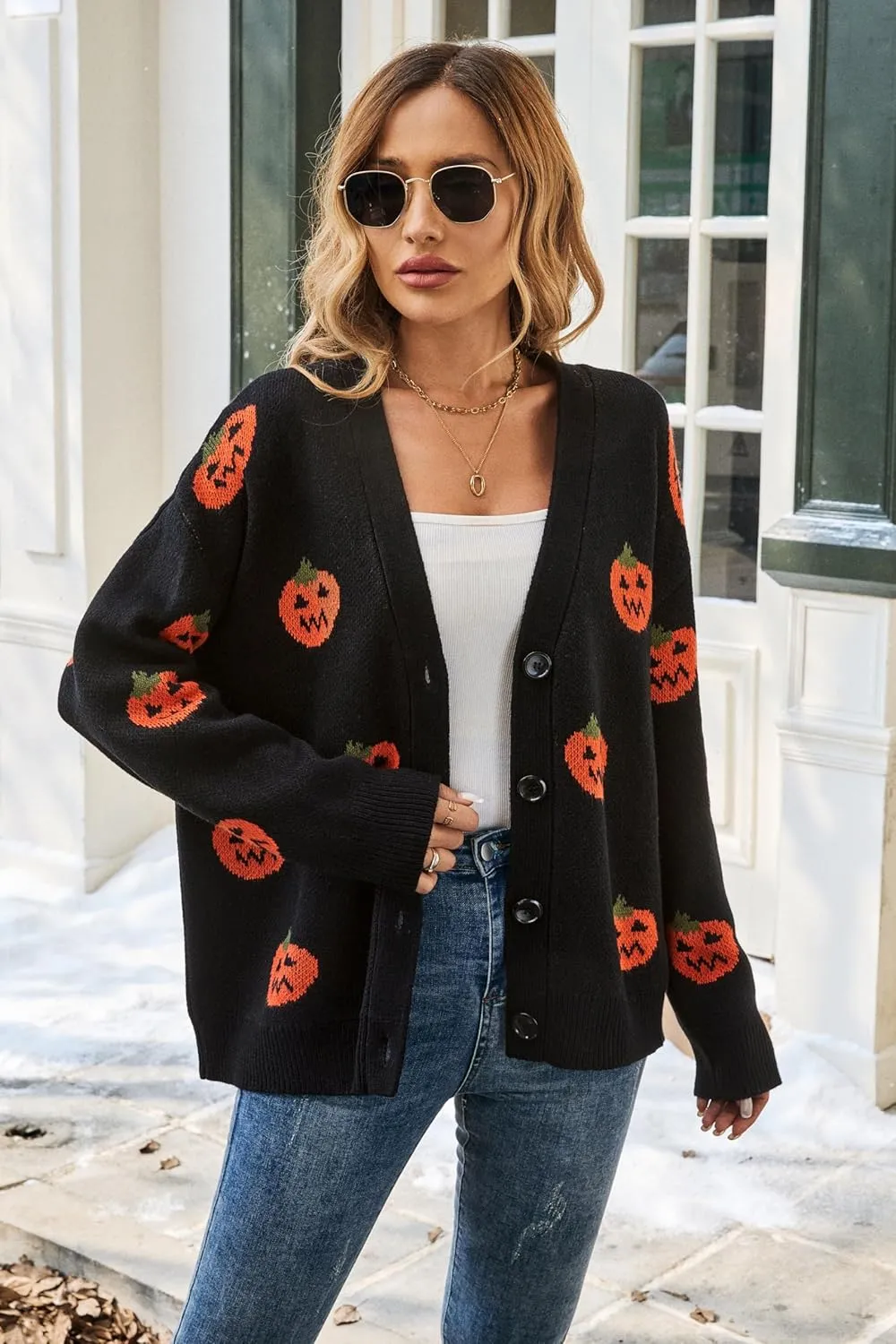 Halloween Cardigan Sweaters for Women, Pumpkin 2024 Trendy Fall Outfits, V Neck Open Front Knitted, Black S-XL
