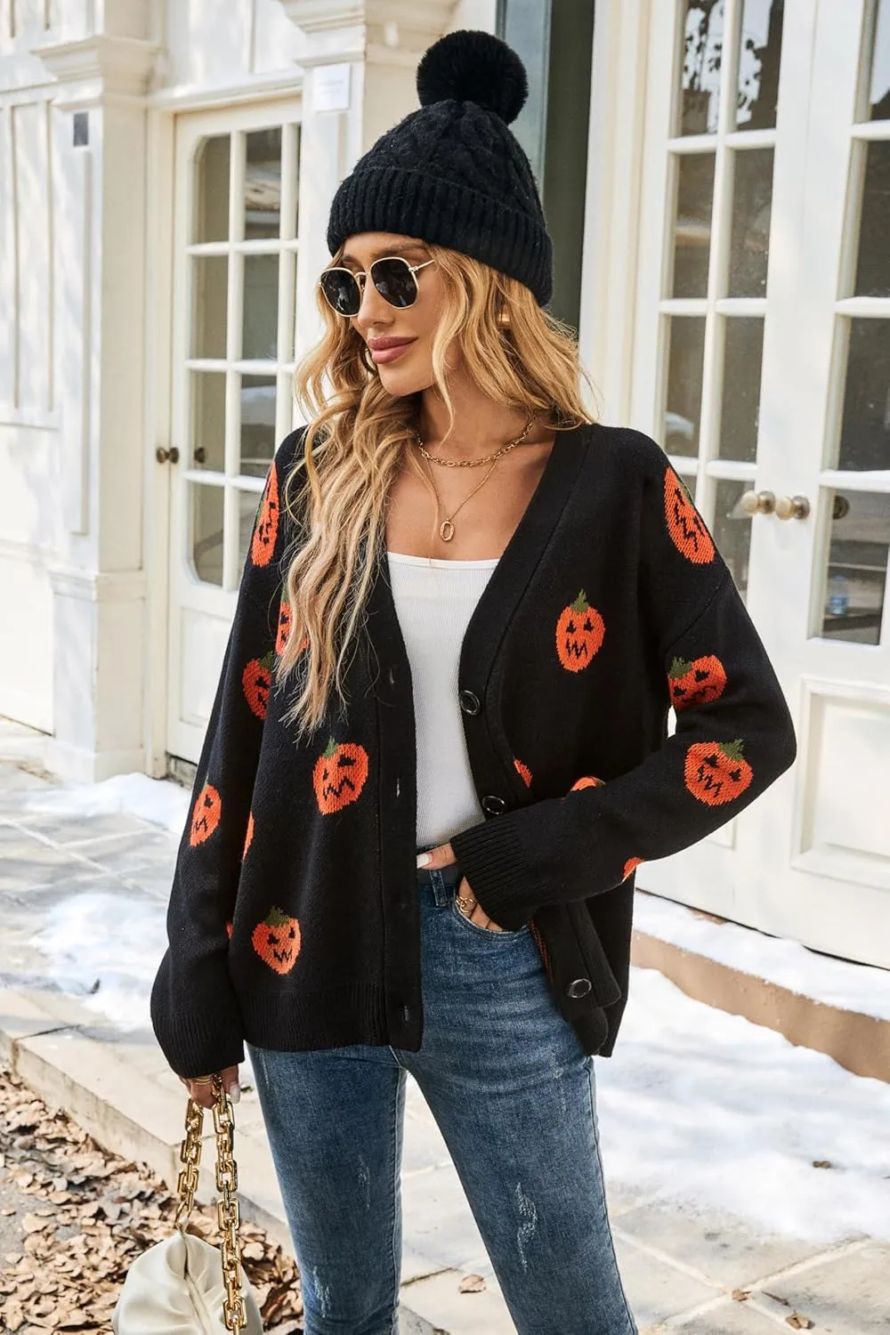 Halloween Cardigan Sweaters for Women, Pumpkin 2024 Trendy Fall Outfits, V Neck Open Front Knitted, Black S-XL