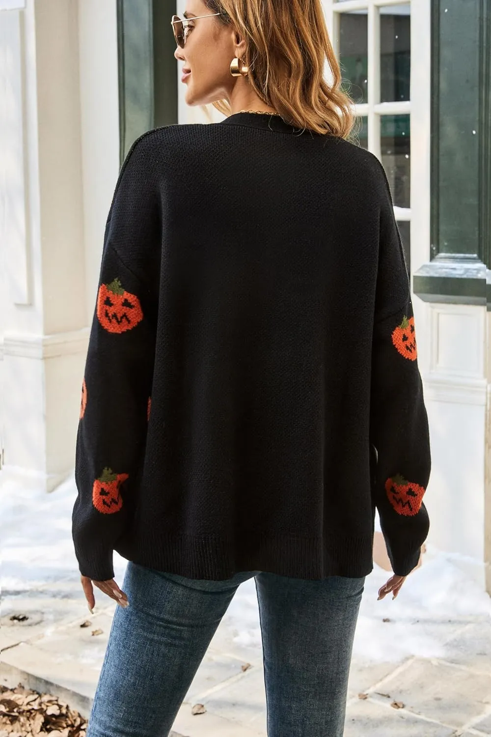 Halloween Cardigan Sweaters for Women, Pumpkin 2024 Trendy Fall Outfits, V Neck Open Front Knitted, Black S-XL