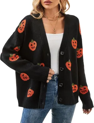 Halloween Cardigan Sweaters for Women, Pumpkin 2024 Trendy Fall Outfits, V Neck Open Front Knitted, Black S-XL