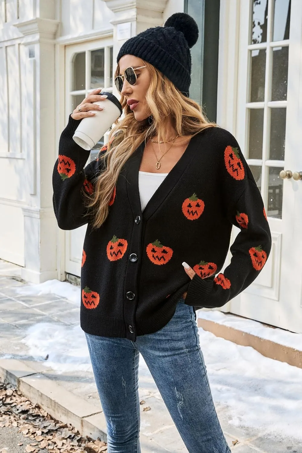 Halloween Cardigan Sweaters for Women, Pumpkin 2024 Trendy Fall Outfits, V Neck Open Front Knitted, Black S-XL