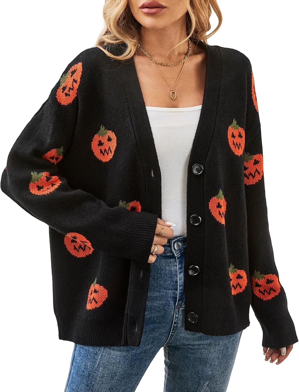 Halloween Cardigan Sweaters for Women, Pumpkin 2024 Trendy Fall Outfits, V Neck Open Front Knitted, Black S-XL