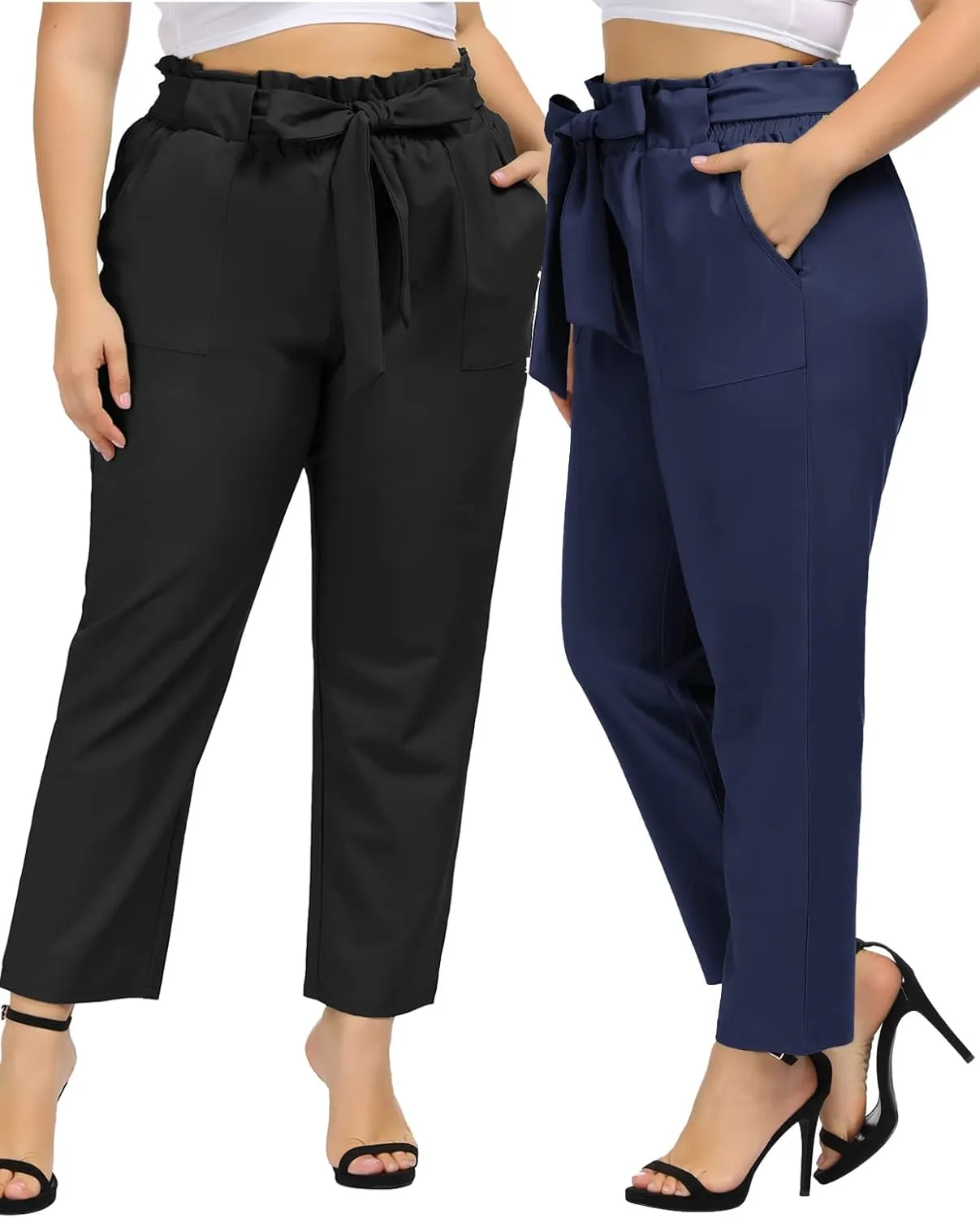 Hanna Nikole Women's Plus Size Elastic Waist Self-Tie Belted Pencil Pants Ankle Length Casual Pants with Pockets