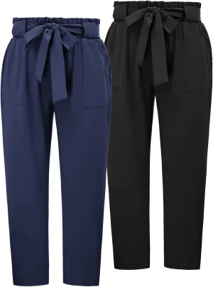 Hanna Nikole Women's Plus Size Elastic Waist Self-Tie Belted Pencil Pants Ankle Length Casual Pants with Pockets