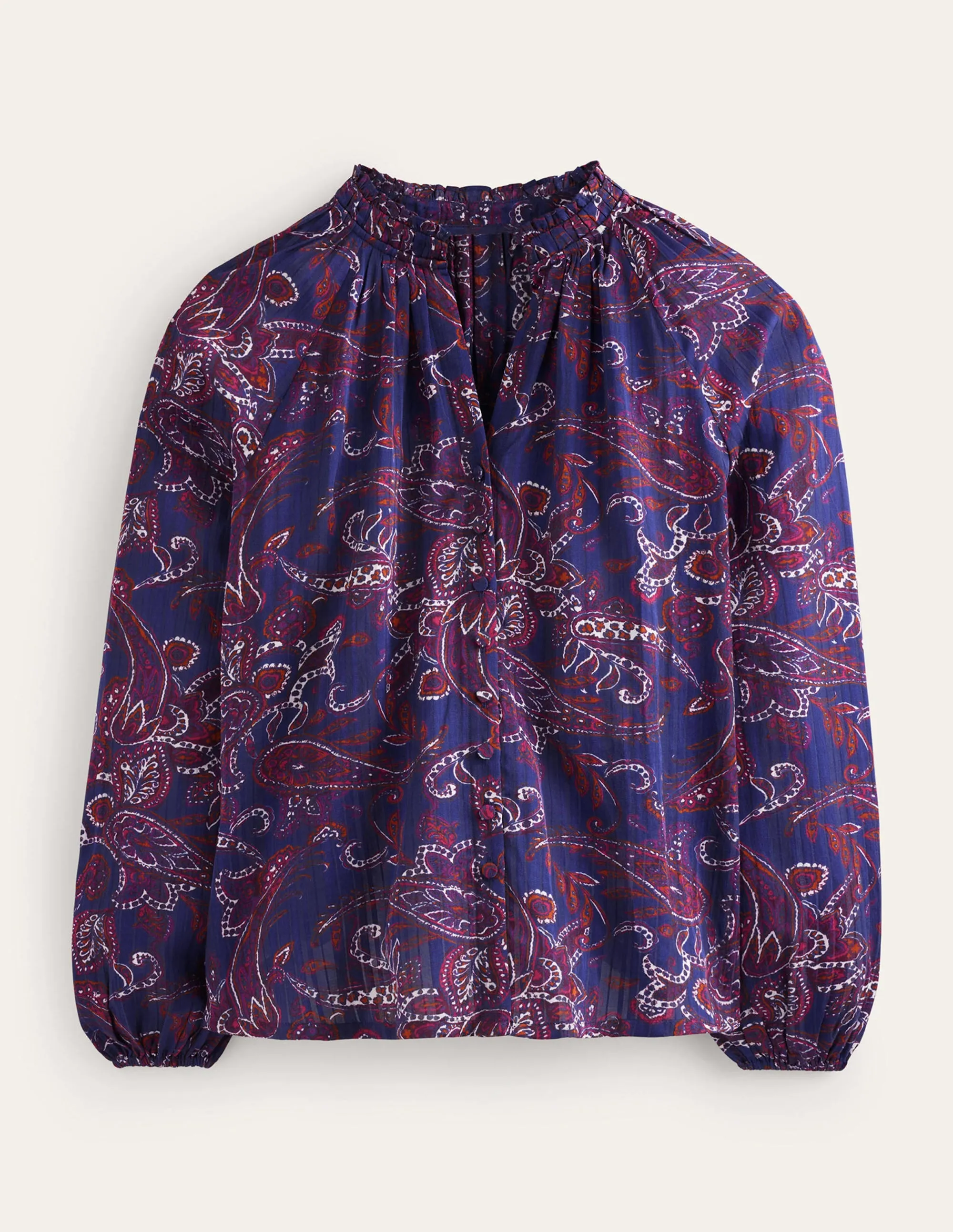 High-Neck Printed Top-Purple Pansy, Paisley Lawn
