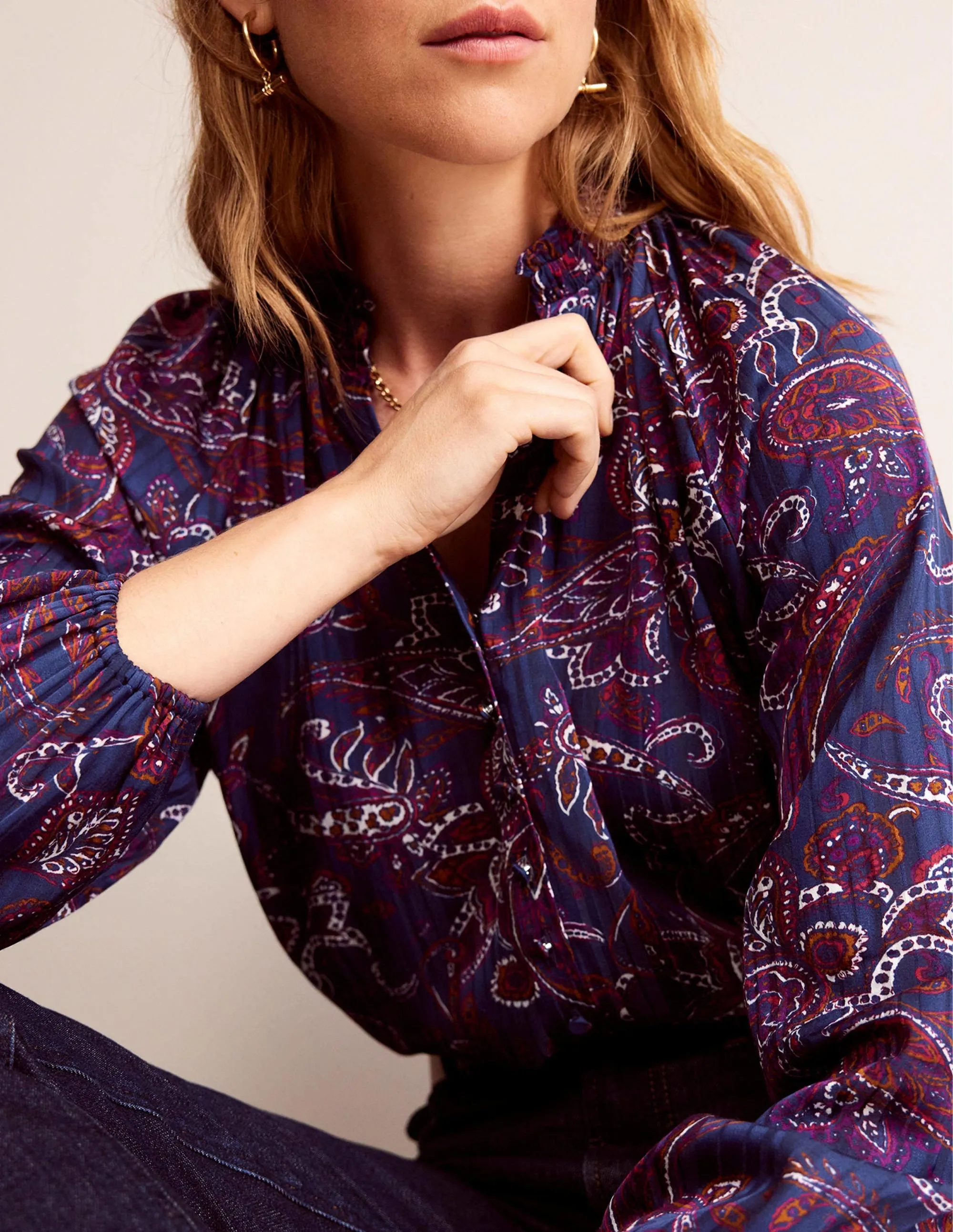 High-Neck Printed Top-Purple Pansy, Paisley Lawn