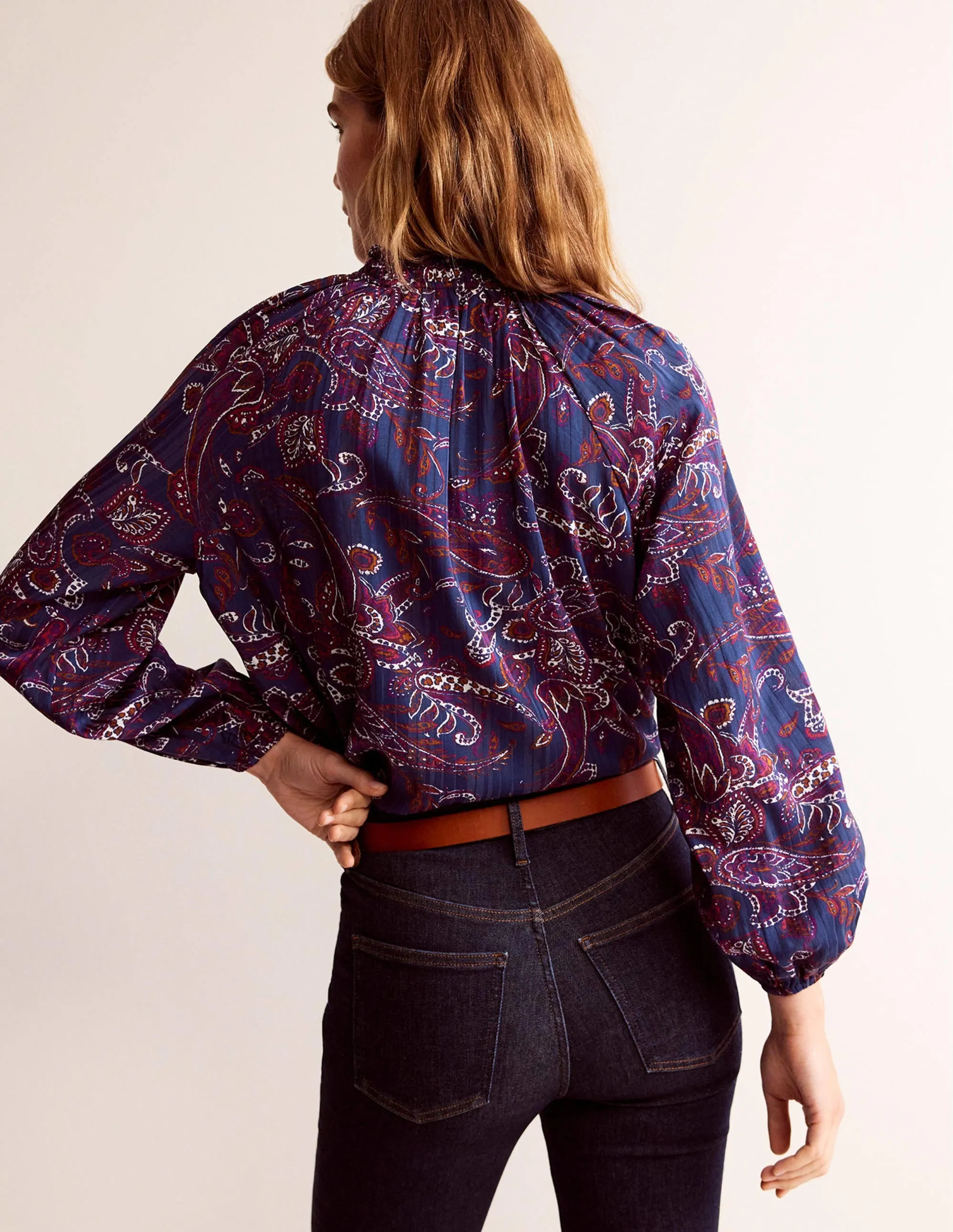 High-Neck Printed Top-Purple Pansy, Paisley Lawn