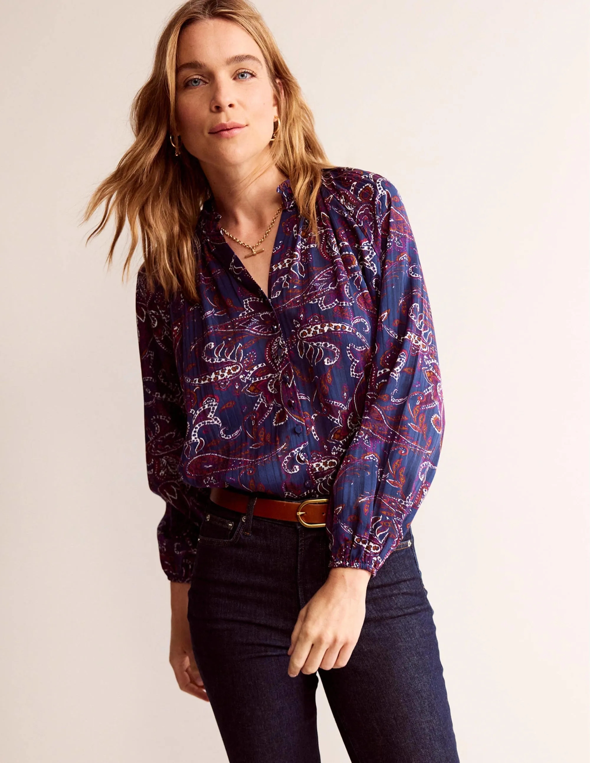 High-Neck Printed Top-Purple Pansy, Paisley Lawn