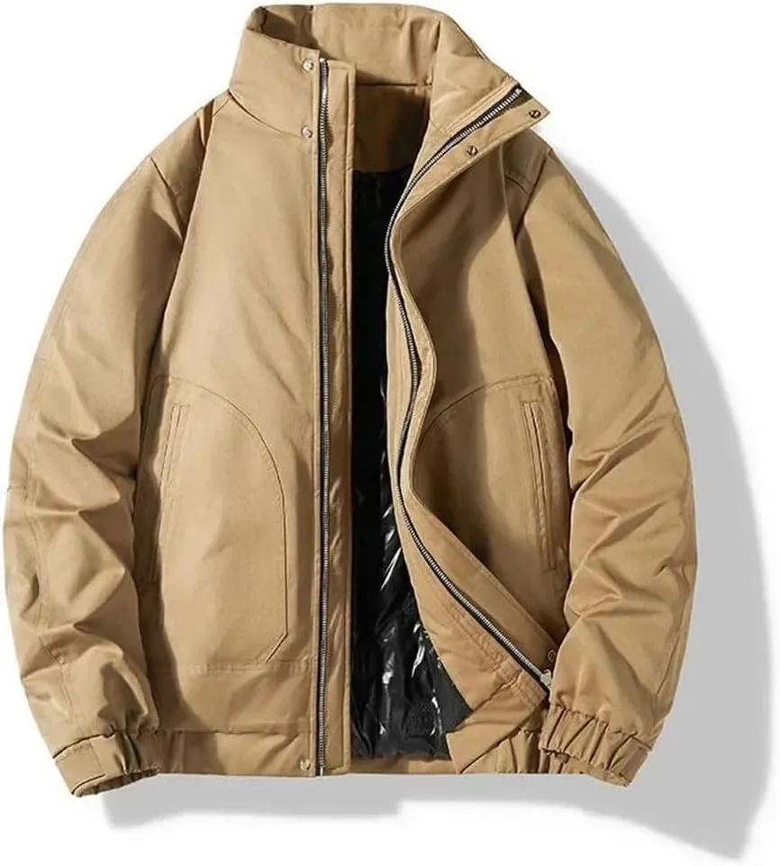 Hndudnff Men Cotton Padded Zipper Jacket Stand Collar With Pockets Coat Casual Cargo Outerwear