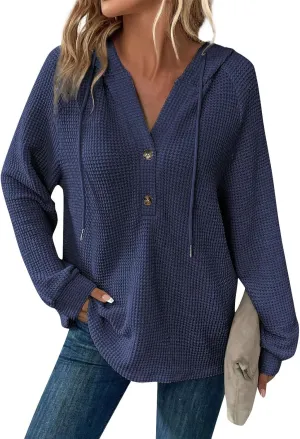 Hoodies for Women Fall Fashion 2024 Waffle Knit Tops Button V Neck Casual Hooded Pullover Oversized Sweatshirt