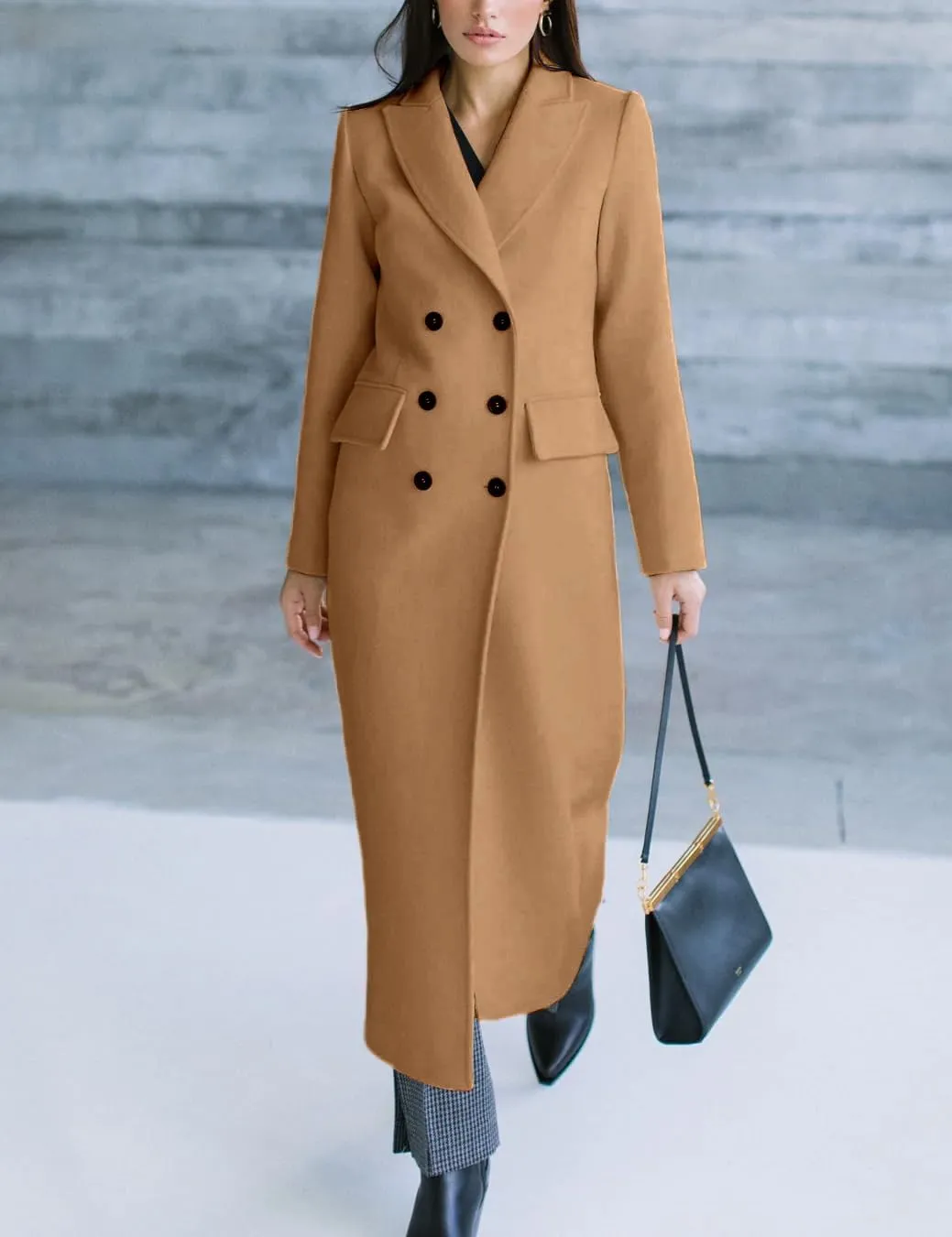 IDEALSANXUN Womens Long Wool Coats Fall Winter Notch Lapel Double Breasted Trench Coat Wool Jackets