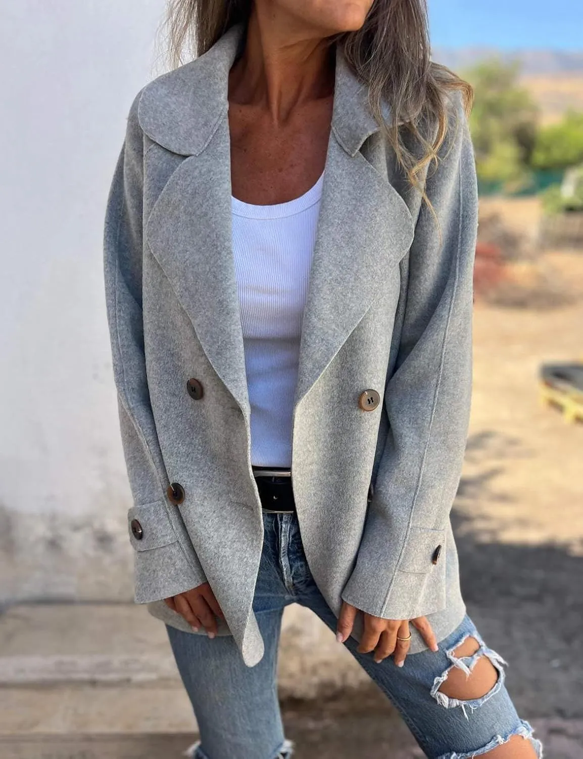 IDEALSANXUN Womens Wool Blazer Jackets Double Breasted Trench Coat