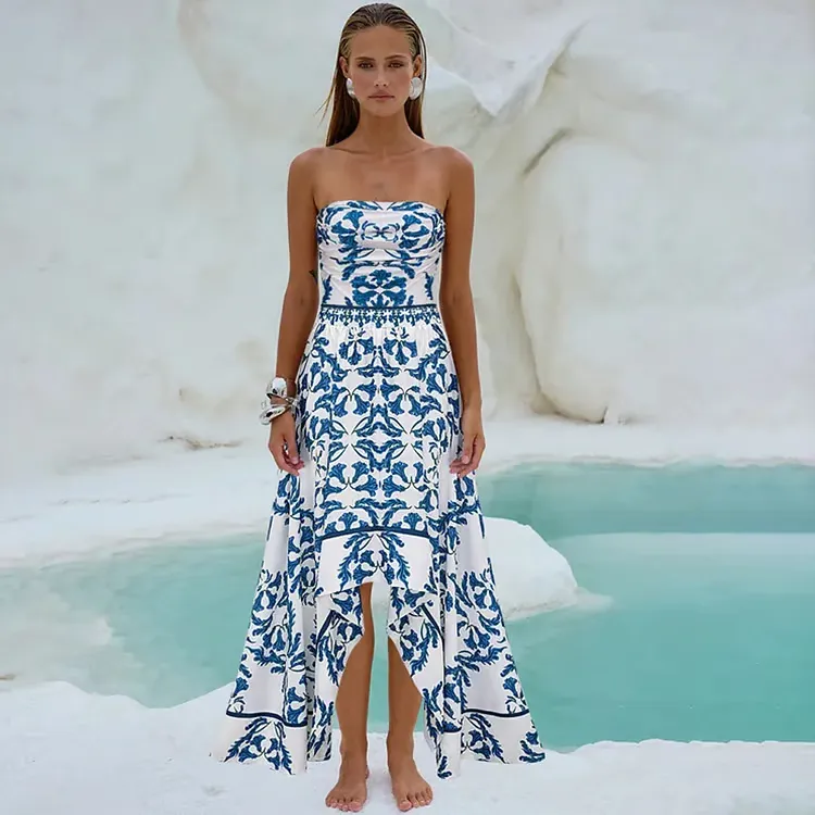 Imane - Frilled Printed Strapless One-Piece Swimsuit Set