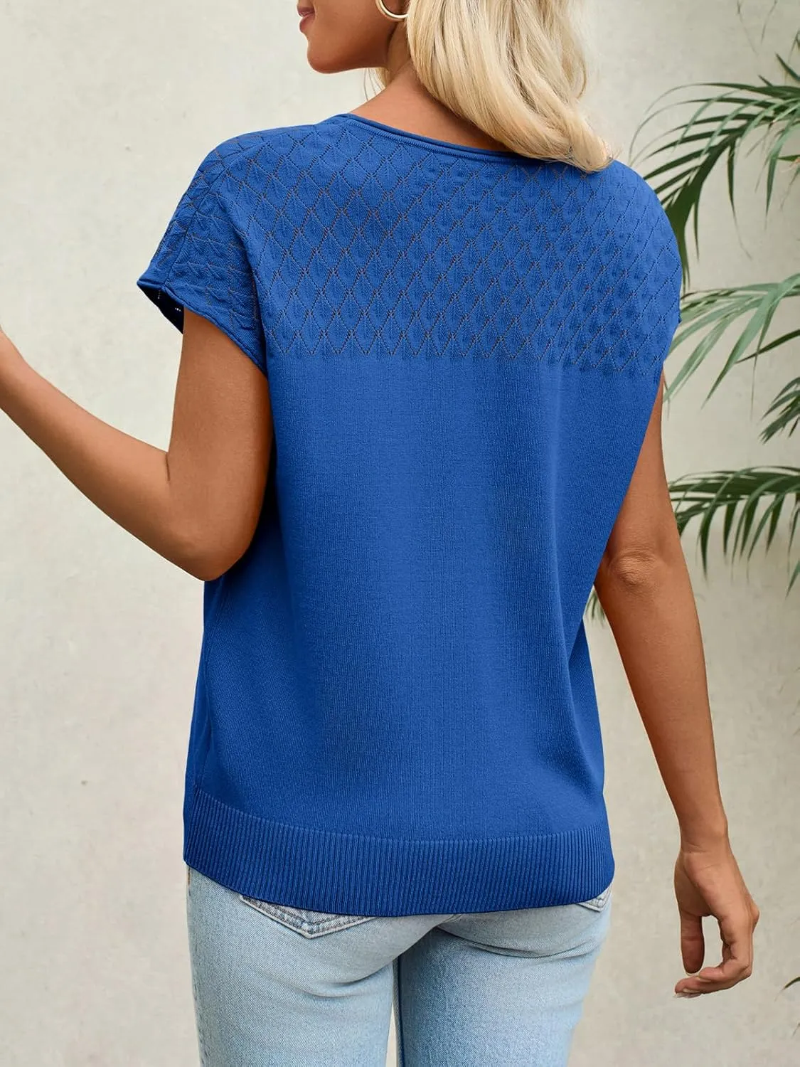 Imily Bela Womens Short Sleeve Sweaters Casual Crewneck Crochet Knit Summer Shirts Loose Trendy Pullover Tops