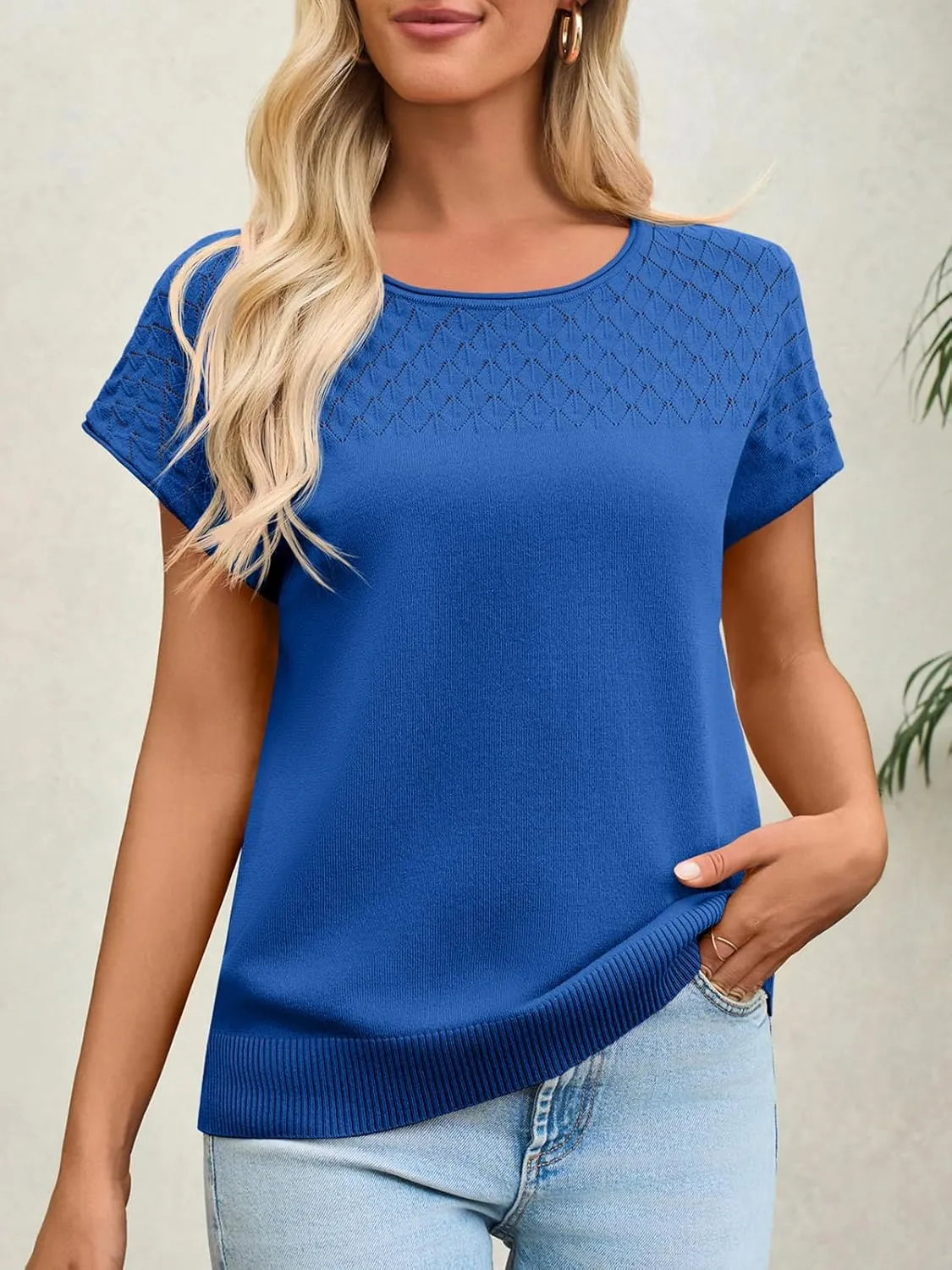 Imily Bela Womens Short Sleeve Sweaters Casual Crewneck Crochet Knit Summer Shirts Loose Trendy Pullover Tops