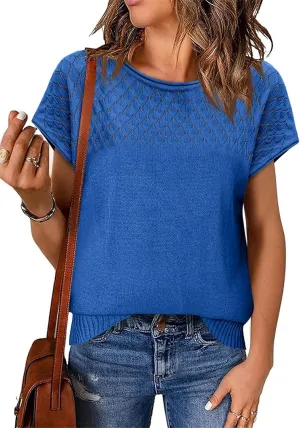 Imily Bela Womens Short Sleeve Sweaters Casual Crewneck Crochet Knit Summer Shirts Loose Trendy Pullover Tops