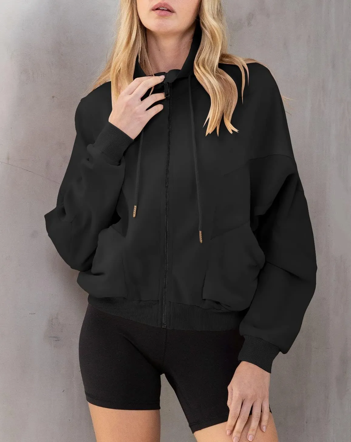 INFITTY Womens Long Sleeve Jacket Full Zip Up Stand Collar with Pockets Casual Batwing Lightweight Sweatshirts