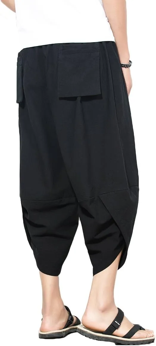INVACHI Men's Harem Capri Pants Elastic Waist Loose Fit Drawstring Beach Yoga Trousers with Pockets