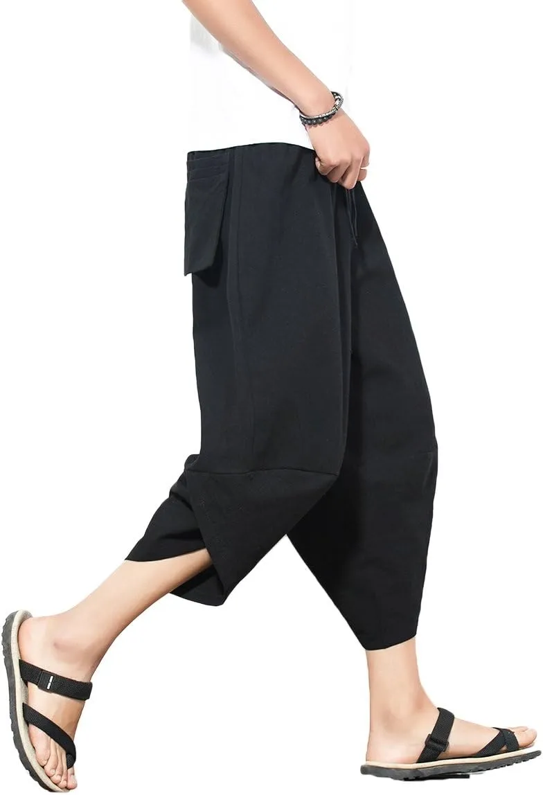 INVACHI Men's Harem Capri Pants Elastic Waist Loose Fit Drawstring Beach Yoga Trousers with Pockets