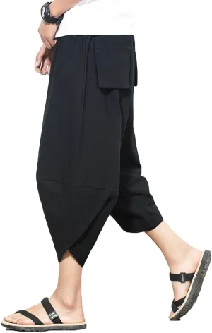 INVACHI Men's Harem Capri Pants Elastic Waist Loose Fit Drawstring Beach Yoga Trousers with Pockets