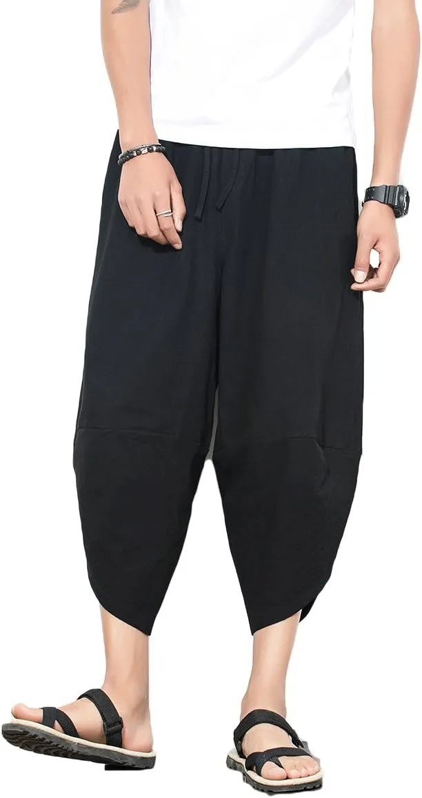 INVACHI Men's Harem Capri Pants Elastic Waist Loose Fit Drawstring Beach Yoga Trousers with Pockets