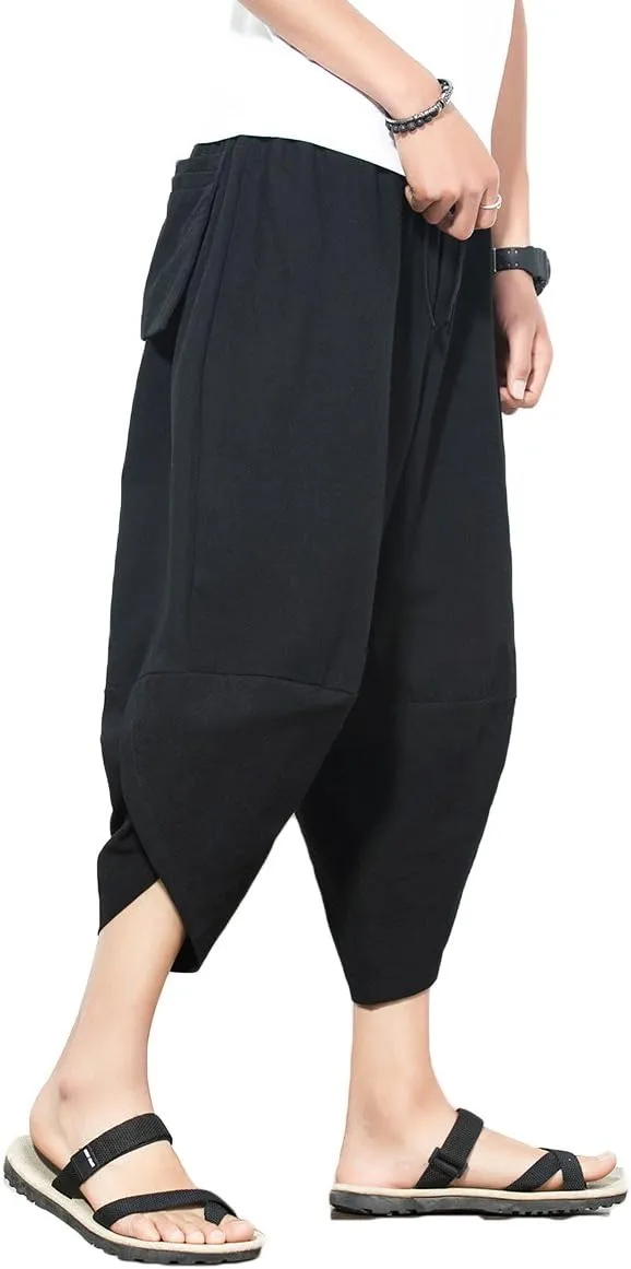 INVACHI Men's Harem Capri Pants Elastic Waist Loose Fit Drawstring Beach Yoga Trousers with Pockets