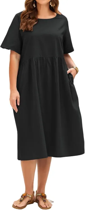 IN'VOLAND Women's Plus Size Short Sleeve Cotton Linen Top Tees Midi Dress Black
