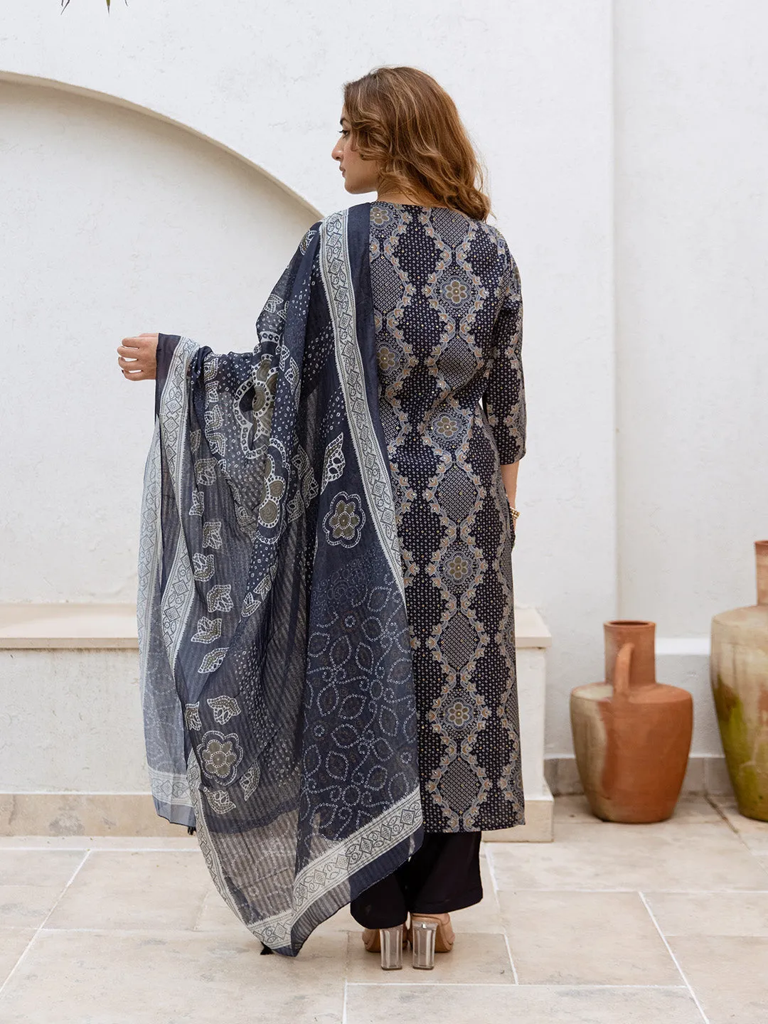 ISHIN Women BLUE MODAL MUSLIN 3pcs kurta set