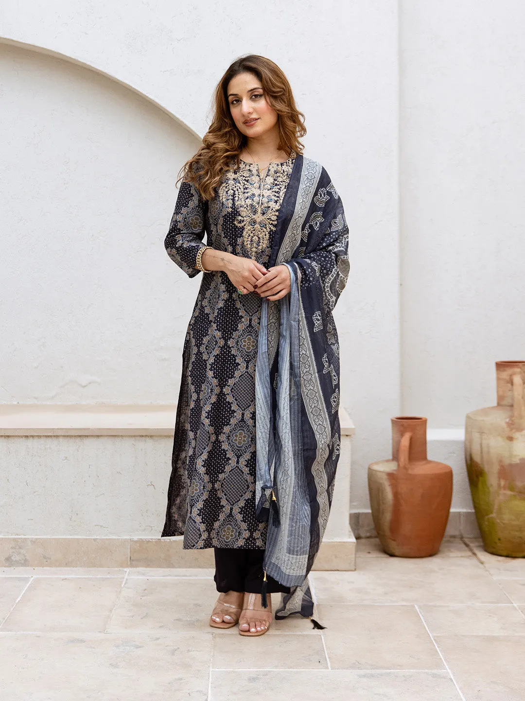 ISHIN Women BLUE MODAL MUSLIN 3pcs kurta set